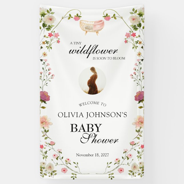 Wildflower Chic Floral Lush Boho White Photo Banner (Vertical)