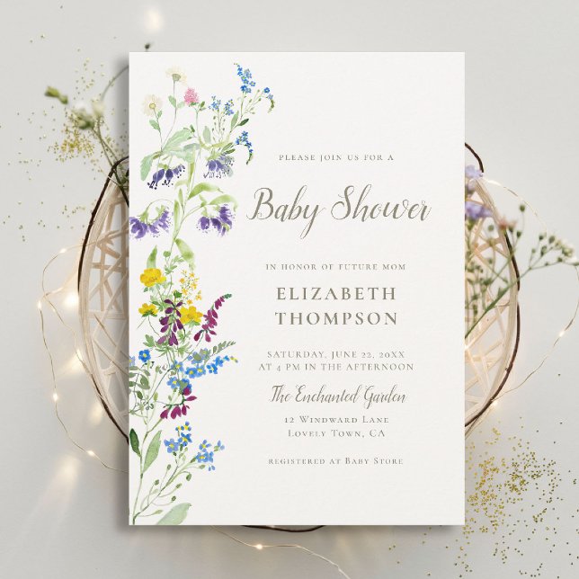 Wildflower Colourful Blooms Elegant Baby Shower Invitation (wildflowers baby shower invitation elegant garden party colorful happy watercolor rustic chic boho)