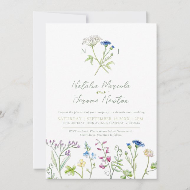 Wildflower colourful botanical watercolor wedding invitation (Front)