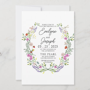 Wildflower Colourful Greenery Floral Wreath Weddin Invitation