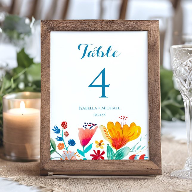Wildflower Colourful Wedding Table Number (Floral Colorful Watercolor Wedding Table Number)