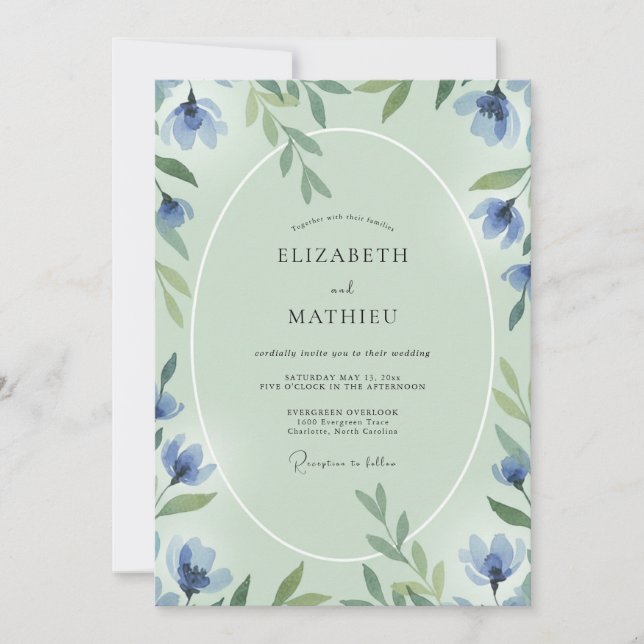 Wildflower Cornflower Mint Leafy Wedding Invitation (Front)