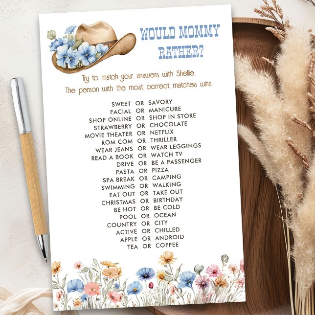 Wildflower Cowboy Would Mummy Rather Shower Game (Would mommy rather game from the Boho Elephant Baby Shower Collection by Darling & May)