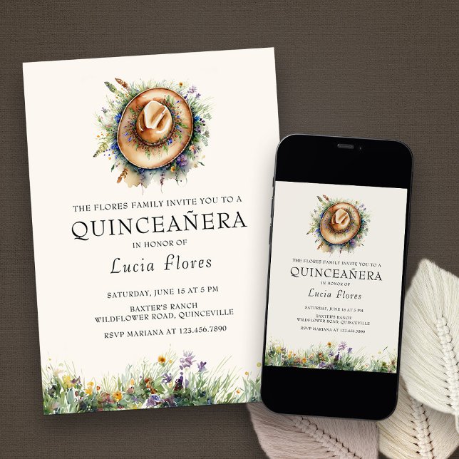 Wildflower Cowgirl Hat Rustic Elegance Quinceanera Invitation (Quinceanera Invitation from my Wildflower Cowgirl Hat Quinceanera Collection
)
