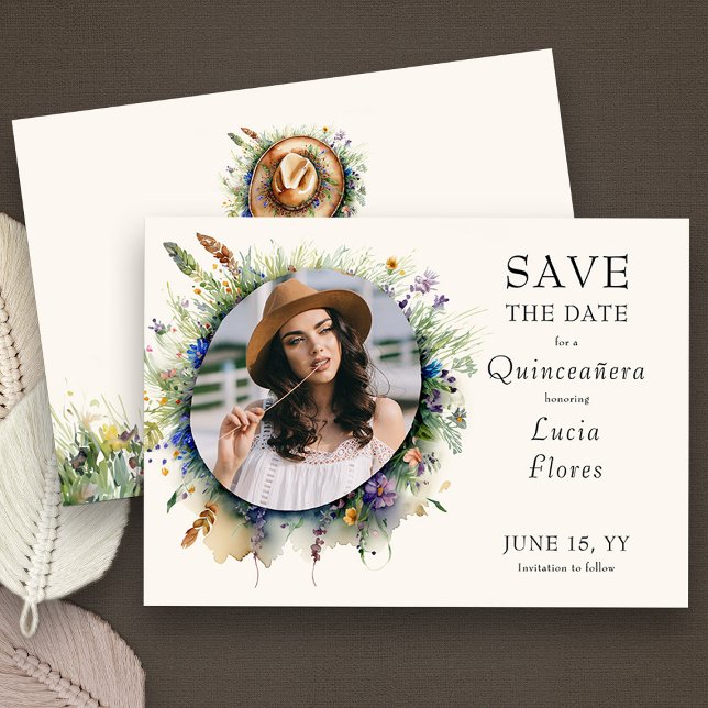 Wildflower Cowgirl Rustic Floral Quinceanera Photo Save The Date (Quinceanera Photo Save the Date from my Wildflower Cowgirl Hat Quinceanera Collection
)