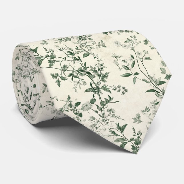 Wildflower Cream and Green Botanical Vine Wedding  Tie (Rolled)