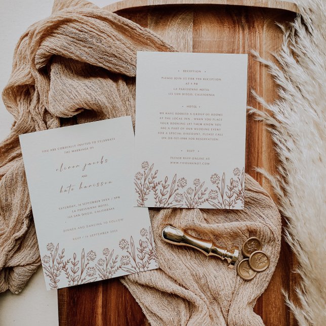 Wildflower Cream Terracotta Front & Back Wedding Invitation (Creator Uploaded)