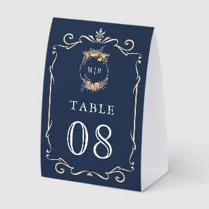 Wildflower Crest Navy Blue Wedding Table Number
