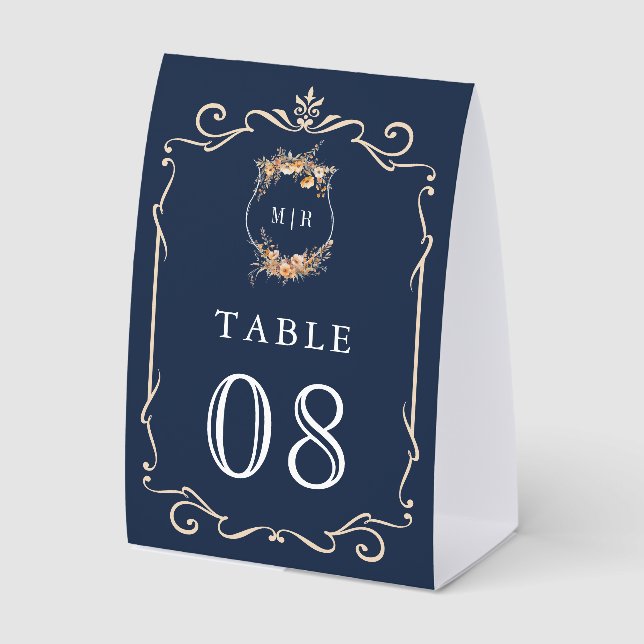 Wildflower Crest Navy Blue Wedding Table Number (Front)