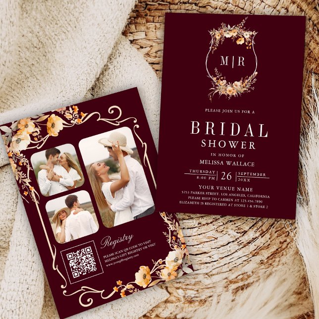 Wildflower Crest QR Code Burgundy Bridal Shower Invitation (Creator Uploaded)