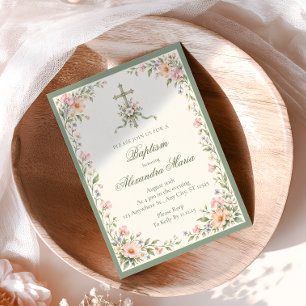 Wildflower Cross Baptism Sage Green Blush Invitation