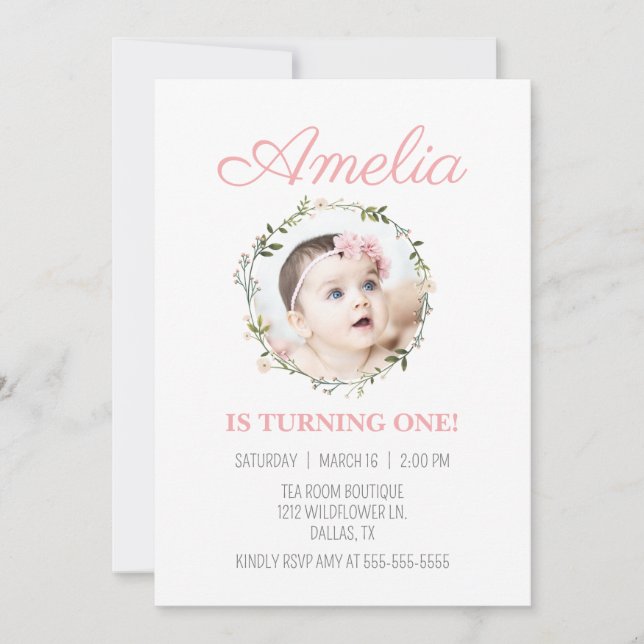 Wildflower Dainty Pink Flower Photo Girl Birthday  Invitation (Front)