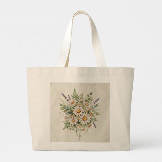 Wildflower Daisy Botanical Watercolor Floral Large Tote Bag