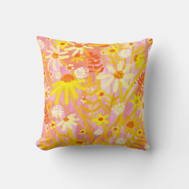 Wildflower Daisy Bouquet Watercolor Painting Cushion (Front)
