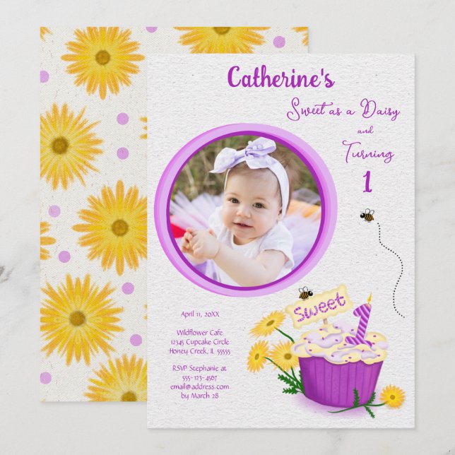 Wildflower Daisy Girl Yellow Purple First Birthday Invitation (Front/Back)