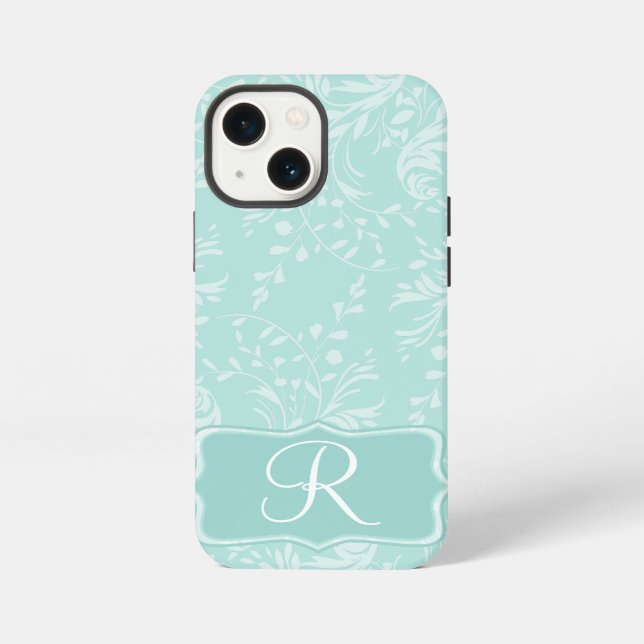 Wildflower damask aqua teal monogram iPhone case (Back)
