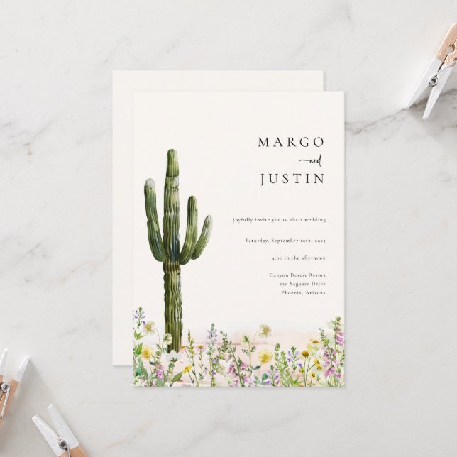 Wildflower Desert Cactus Wedding Invitation (Front/Back In Situ)