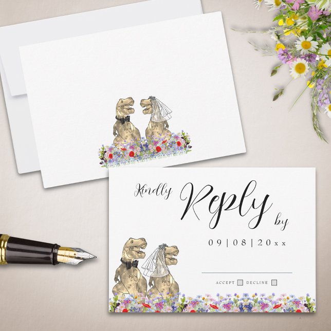 Wildflower Dinosaur Theme Wedding Reply RSVP Card (Wildflower dinosaur wedding reply enclosure card with T-Rex bride and groom watercolor florals )