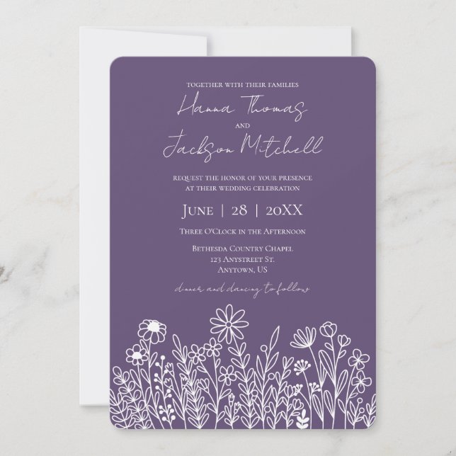Wildflower Doodle Casual Purple Minimalist Wedding Invitation (Front)