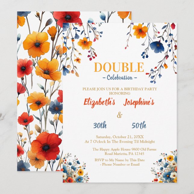 Wildflower double joint birthday celebration invitation (Front/Back)