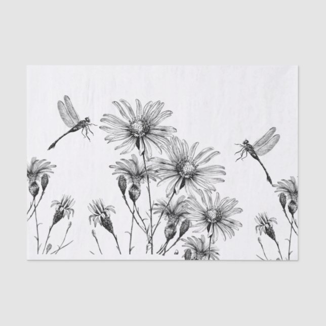 Wildflower Dragonfly Decoupage Craft Daisy Sketch  Tissue Paper (Front)