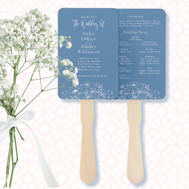 Wildflower Dusty Blue Botanical Floral Program Hand Fan (Creator Uploaded)