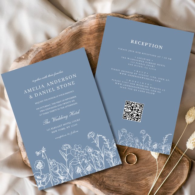Wildflower Dusty Blue Botanical QR Code Wedding Invitation (Creator Uploaded)