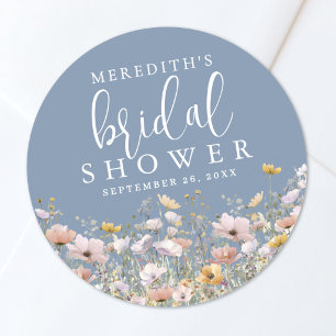 Wildflower Dusty Blue Bridal Shower Classic Round Sticker