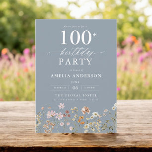 Wildflower Dusty Blue Garden Floral 100th Birthday Invitation