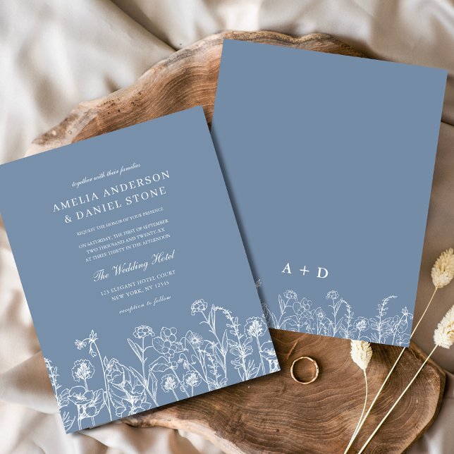 Wildflower Dusty Blue Monogram Wedding Invitation Flyer (Creator Uploaded)