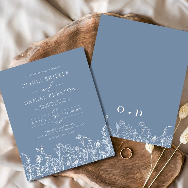 Wildflower Dusty Blue Monogram Wedding Invitation Flyer (Creator Uploaded)