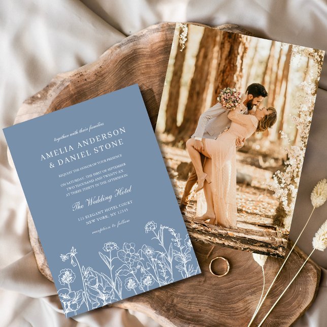 Wildflower Dusty Blue Photo Instagram Wedding Invitation (Creator Uploaded)
