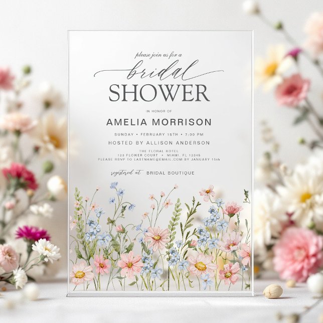 Wildflower Dusty Blue Pink Garden Bridal Shower Acrylic Invitations (Creator Uploaded)