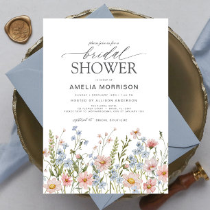Wildflower Dusty Blue Pink Garden Bridal Shower Invitation
