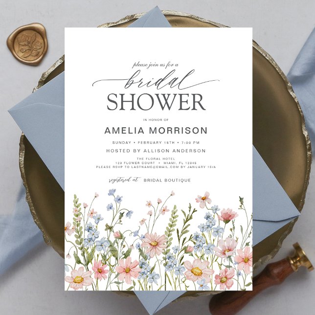 Wildflower Dusty Blue Pink Garden Bridal Shower Invitation (Creator Uploaded)