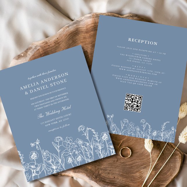 Wildflower Dusty Blue QR Code Wedding Invitation (Creator Uploaded)