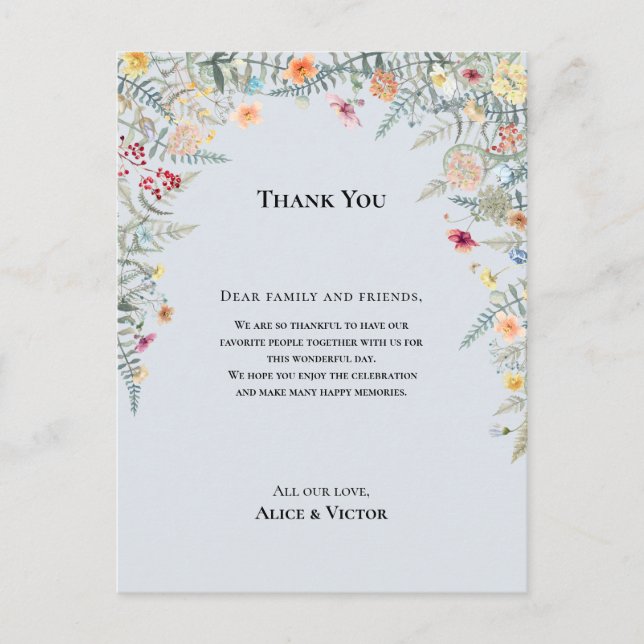 Wildflower Dusty Blue Reception Thank You Card (Front)