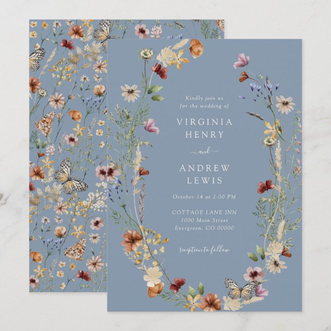 Wildflower Dusty Blue Wedding Invitation (Front/Back)