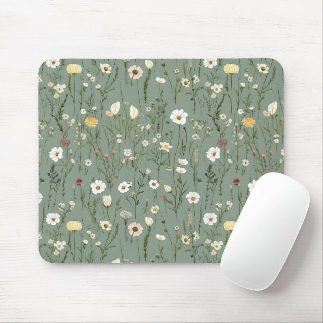 Wildflower Dusty Sage Floral Green Mouse Mat (With Mouse)