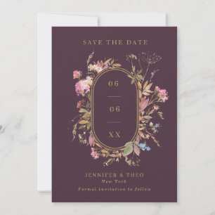 Wildflower Eggplant & Gold Frame Wedding Photo Save The Date