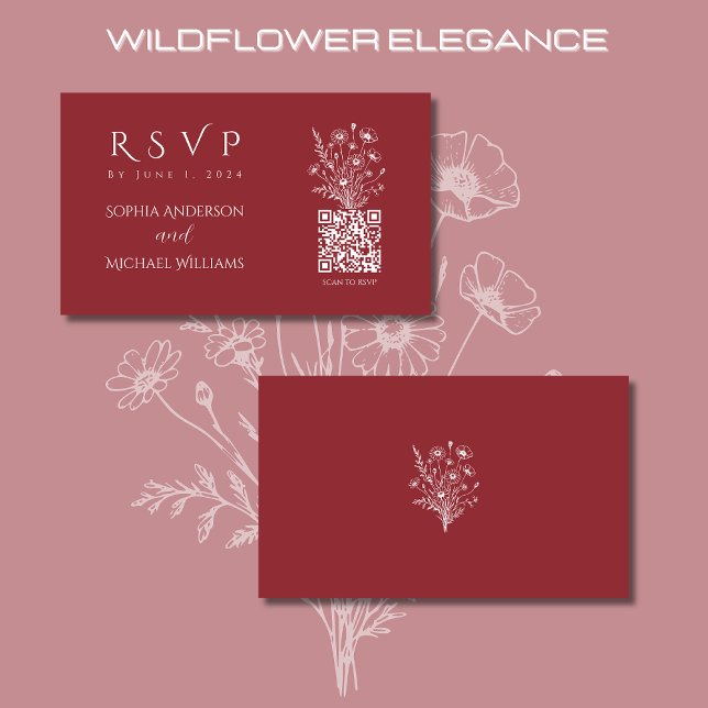 Wildflower Elegance-RSVP-QR code- Business Card (Wildflower Elegance Wedding RSVP QR Code-Red, Country, Rustic, Boho, Bohemian, Elegant)
