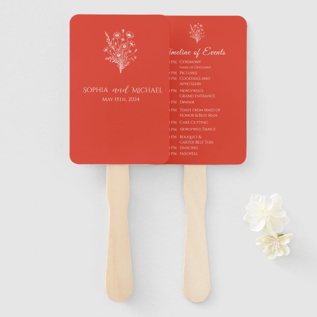 Wildflower Elegance-Wedding Program- Red Orange Hand Fan (Front and Back)