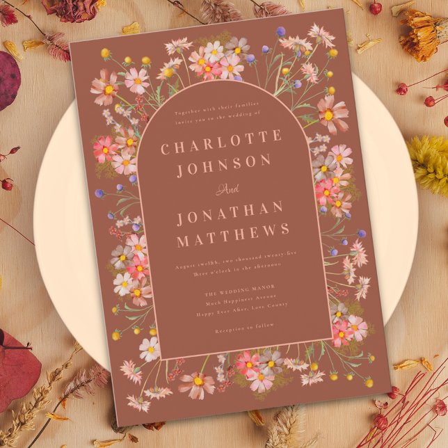 Wildflower Elegant Arch Burnt Orange Fall Wedding Invitation (Wildflower elegant arch burnt orange peach terracotta fall wedding invitation )