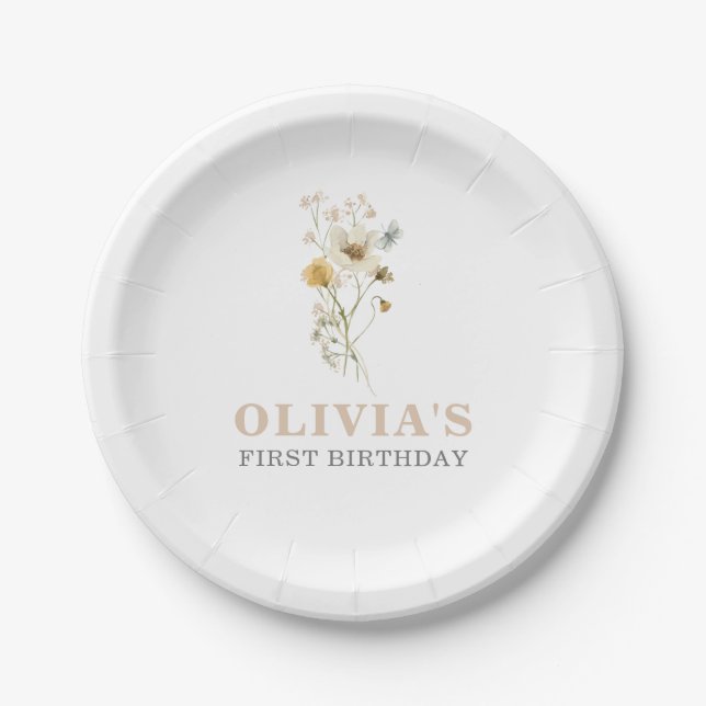 Wildflower Elegant boho garden First Birthday Paper Plate (Front)