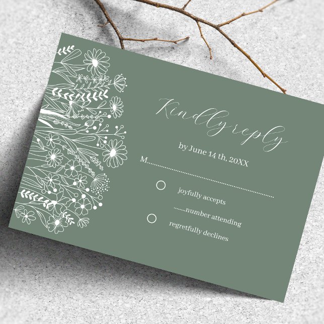  Wildflower Elegant Boho Sage Green Wedding RSVP Card (Creator Uploaded)