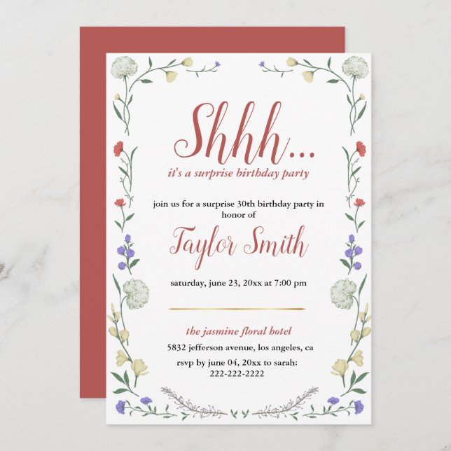 wildflower  elegant Floral Surprise Party Invite (Front/Back)