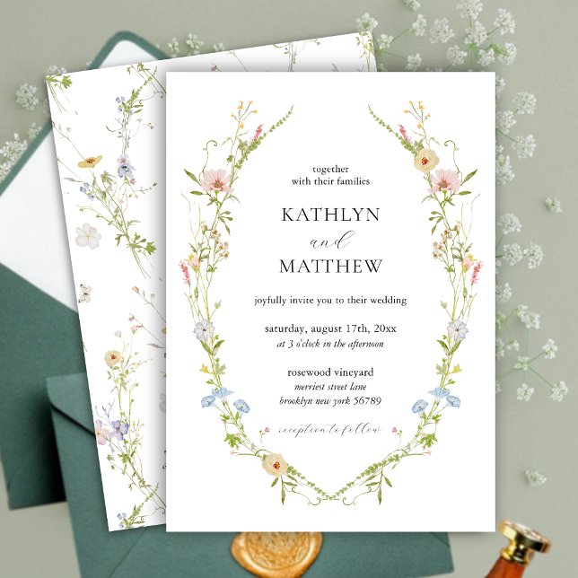 Wildflower Elegant Modern Floral Wreath Wedding Invitation (Creator Uploaded)