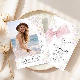 Wildflower Elegant Pink Bow Photo Graduation Invitation