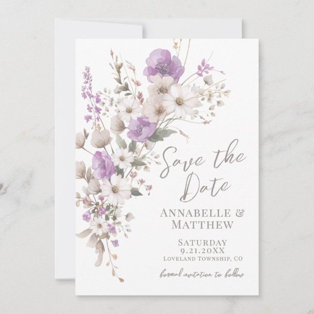 Wildflower Elegant Purple Floral Wedding Save The Date (Front)