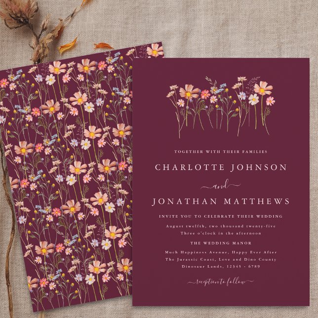 Wildflower Fall Burgundy Blush Pink Wedding Invitation (Wildflower boho fall floral burgundy blush pink Wedding invitation)